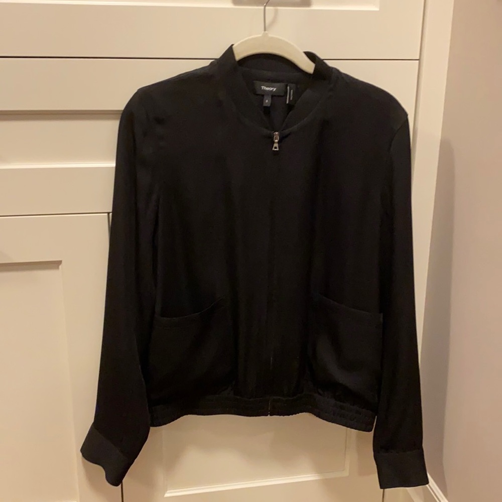 Theory black silk bomber jacket